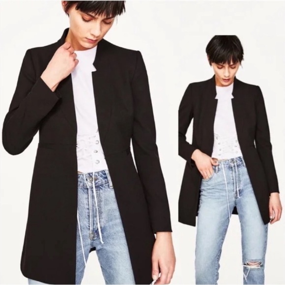 ZARA WOMEN INVERTED LAPEL FROCK COAT LONG BLAZER BLACK CLASSIC SIZE L - Picture 10 of 12